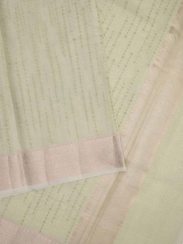 Kota tissue fancy saree light pista green color allover embroidery & zari border with short pallu and plain self blouse
