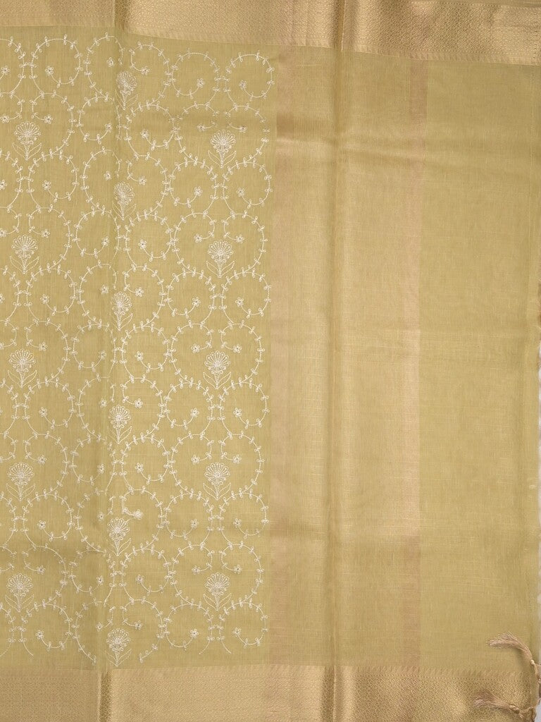 Kota tissue fancy saree light yellow color allover embroidery & zari border with short pallu and plain self blouse