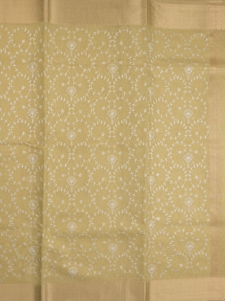 Kota tissue fancy saree light yellow color allover embroidery & zari border with short pallu and plain self blouse