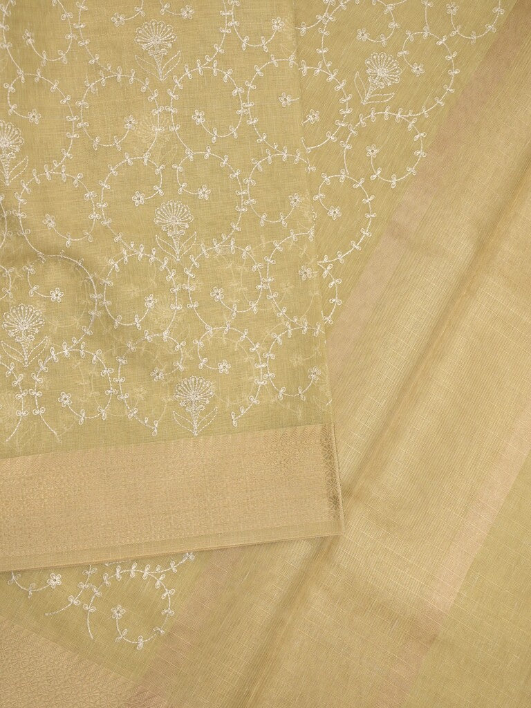 Kota tissue fancy saree light yellow color allover embroidery & zari border with short pallu and plain self blouse