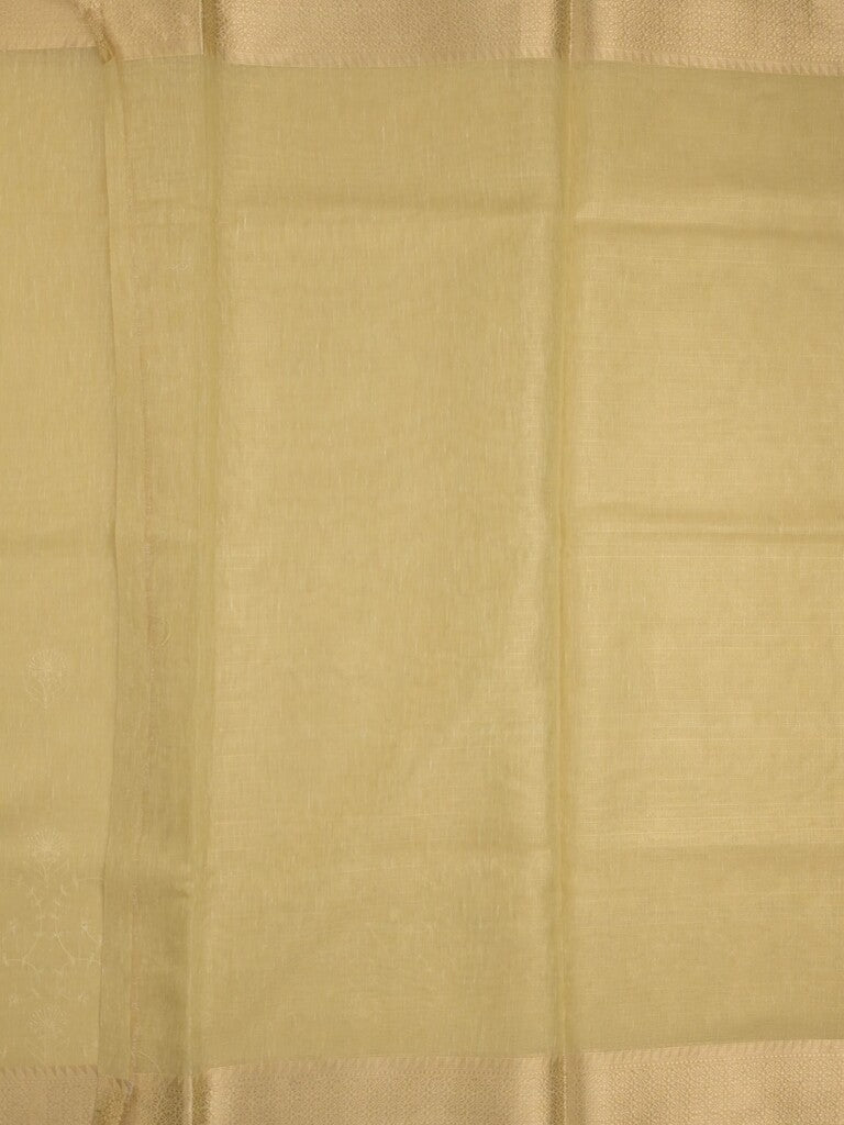 Kota tissue fancy saree light yellow color allover embroidery & zari border with short pallu and plain self blouse