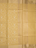 Kota tissue fancy saree golden yellow color allover embroidery & zari border with short pallu and plain self blouse