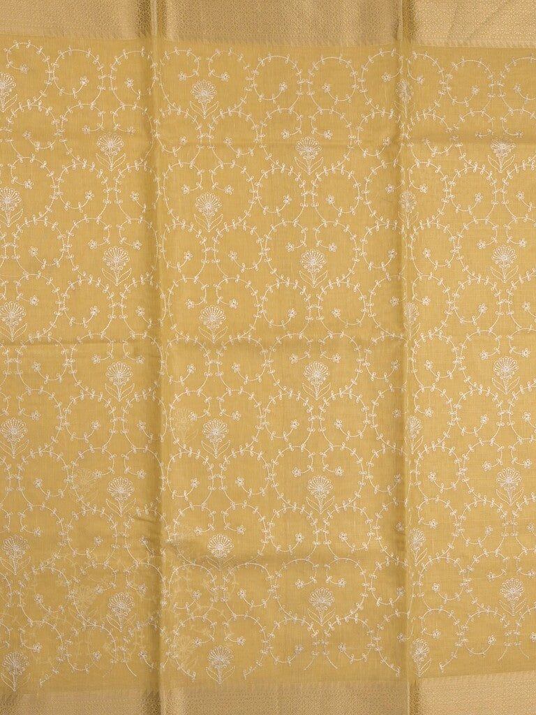 Kota tissue fancy saree golden yellow color allover embroidery & zari border with short pallu and plain self blouse