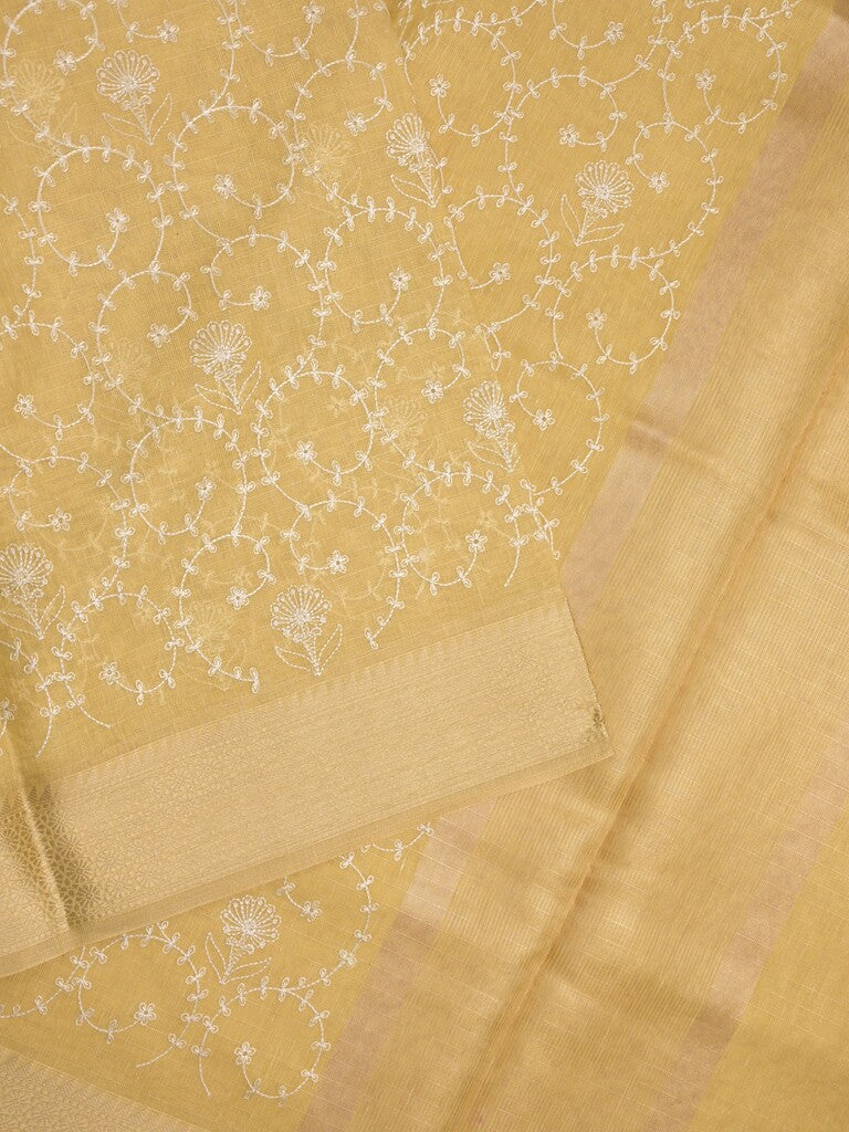Kota tissue fancy saree golden yellow color allover embroidery & zari border with short pallu and plain self blouse
