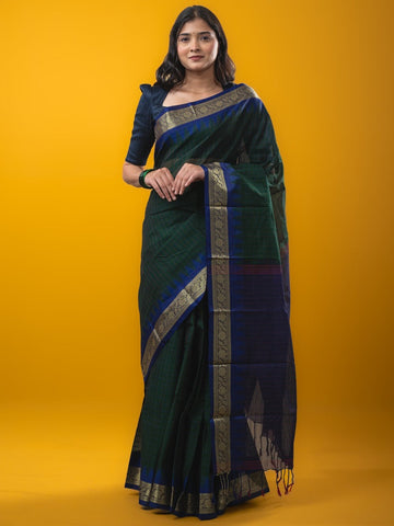 Dhaka cotton saree black color allover checks & temple border with contrast pallu and running blouse