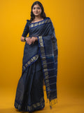 Dhaka cotton saree navy blue color allover plain & small border with contrast pallu and attached plain blouse