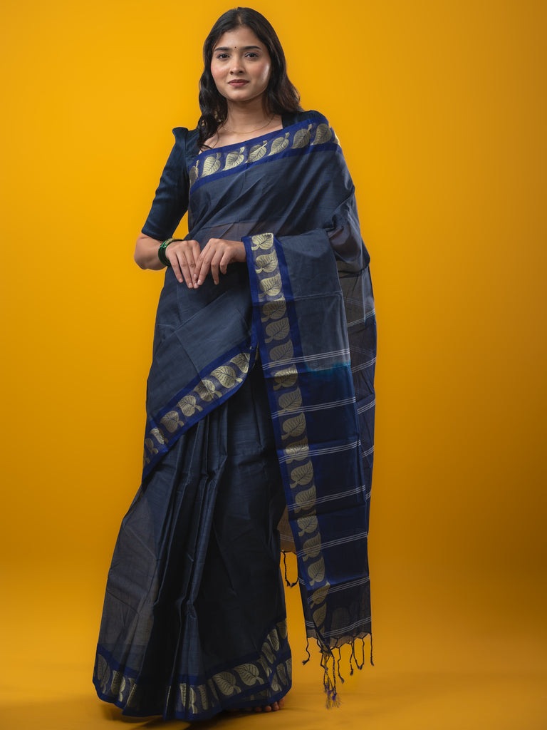 Dhaka cotton saree navy blue color allover plain & small border with contrast pallu and attached plain blouse