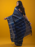 Dhaka cotton saree navy blue color allover plain & small border with contrast pallu and attached plain blouse