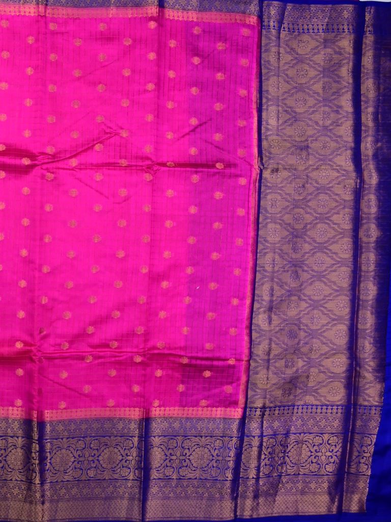 Munga pattu saree pink color allover zari checks and motifs & zari border with short pallu and contrast brocade blouse