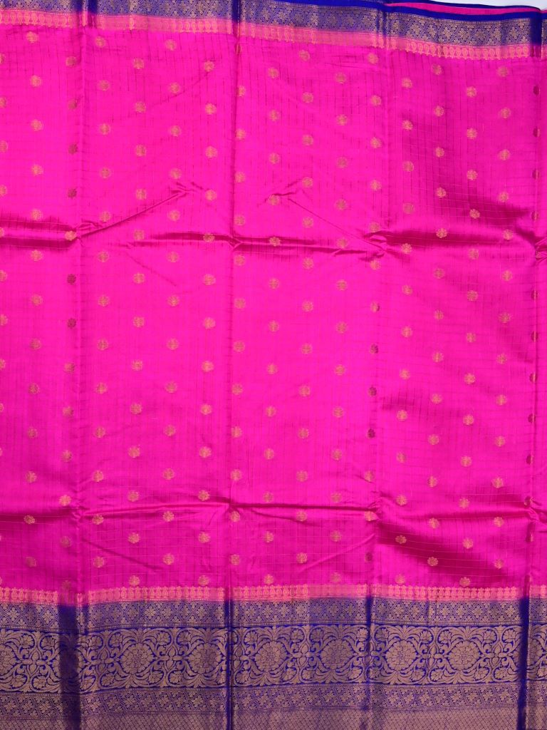 Munga pattu saree pink color allover zari checks and motifs & zari border with short pallu and contrast brocade blouse