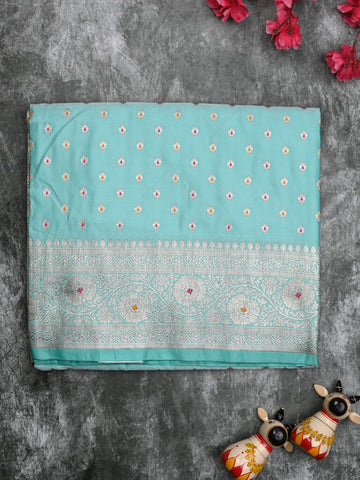 Banaras pattu saree sky blue color allover zari motifs & zari border with rich pallu and attached plain blouse