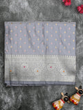 Banaras pattu saree grey color allover zari motifs & zari border with rich pallu and attached plain blouse