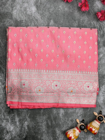 Banaras pattu saree light pink color allover zari motifs & zari border with rich pallu and attached plain blouse