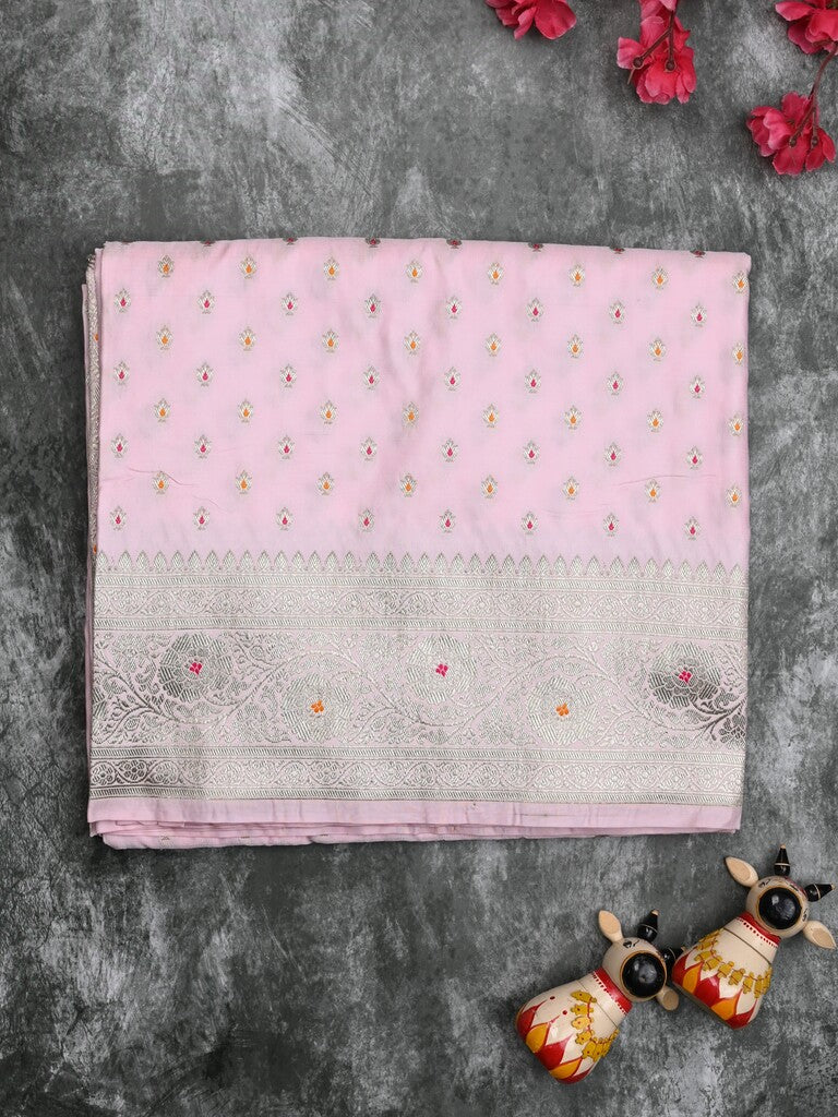 Banaras pattu saree baby pink color allover zari motifs & zari border with rich pallu and attached plain blouse