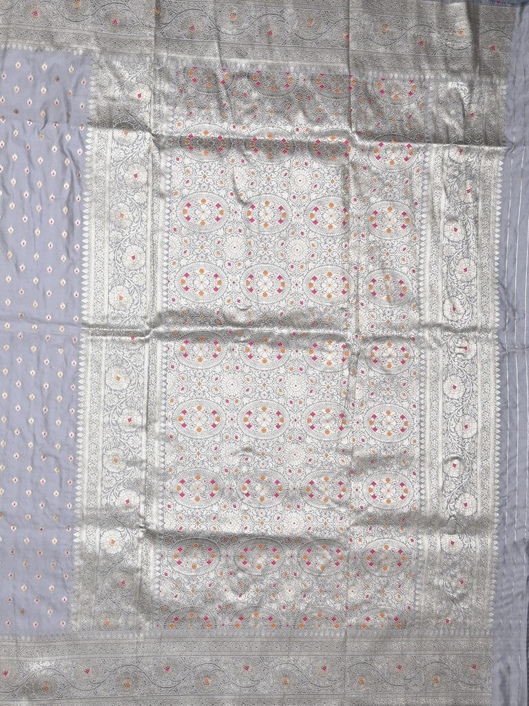 Banaras pattu saree grey color allover zari motifs & zari border with rich pallu and attached plain blouse