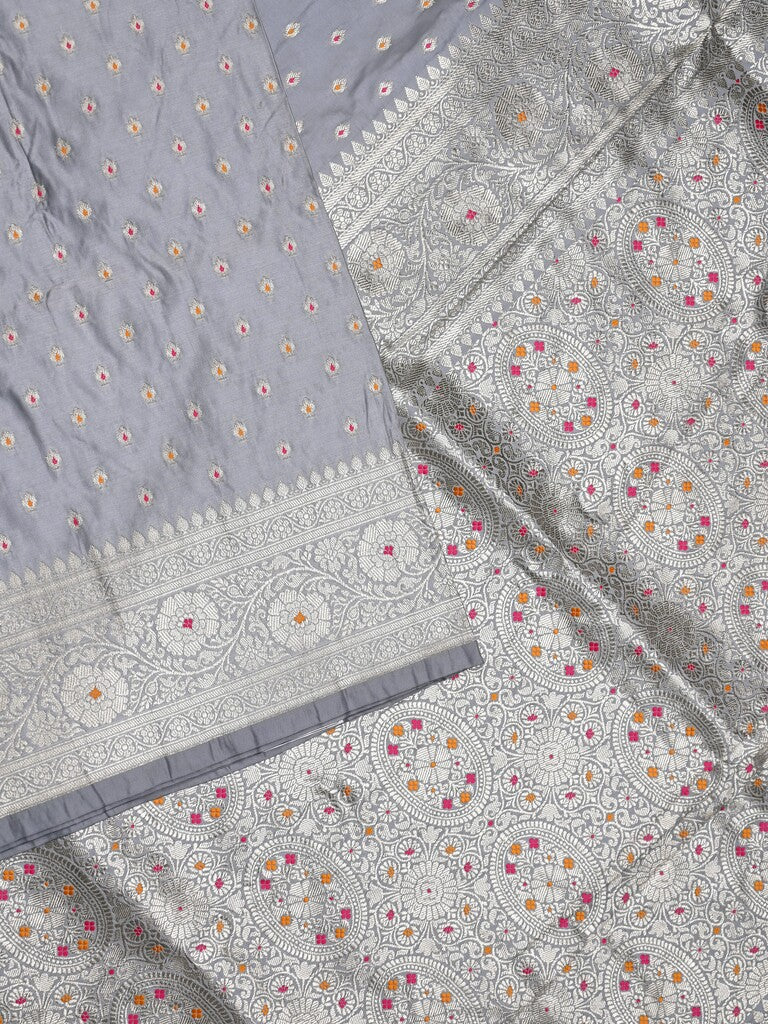 Banaras pattu saree grey color allover zari motifs & zari border with rich pallu and attached plain blouse
