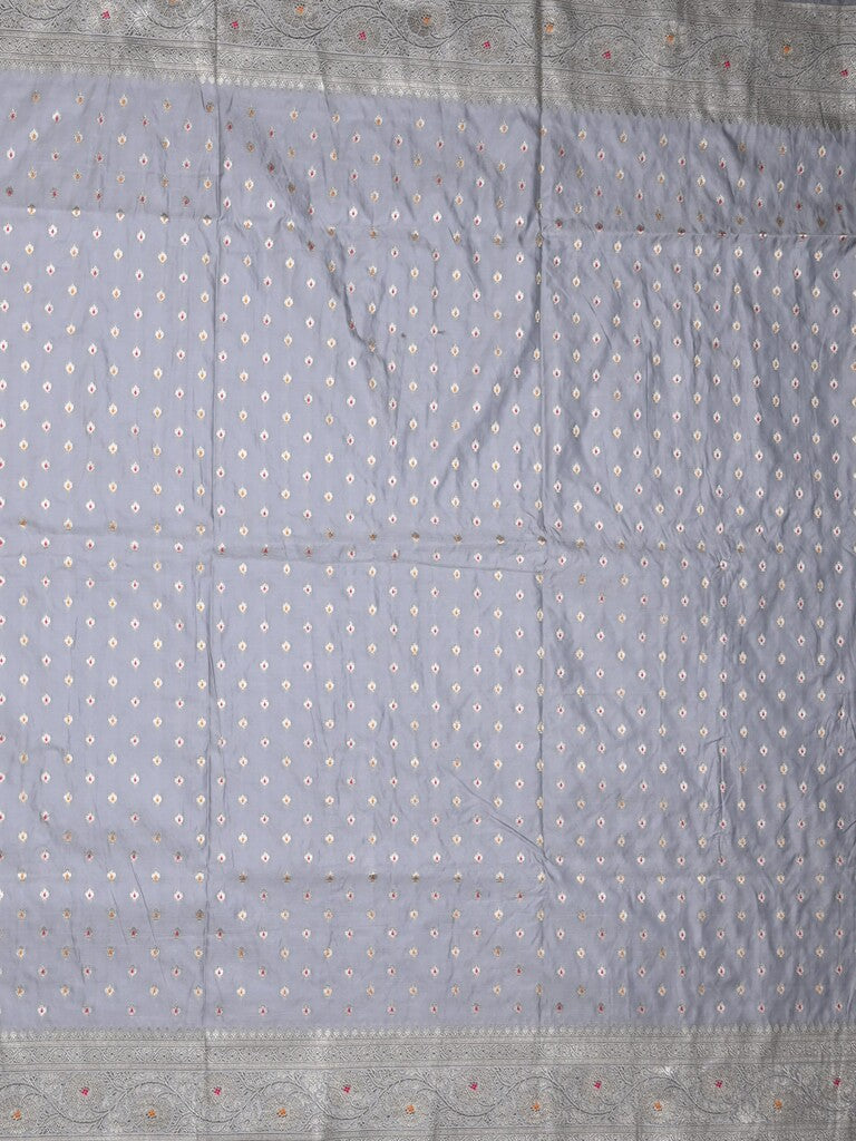 Banaras pattu saree grey color allover zari motifs & zari border with rich pallu and attached plain blouse