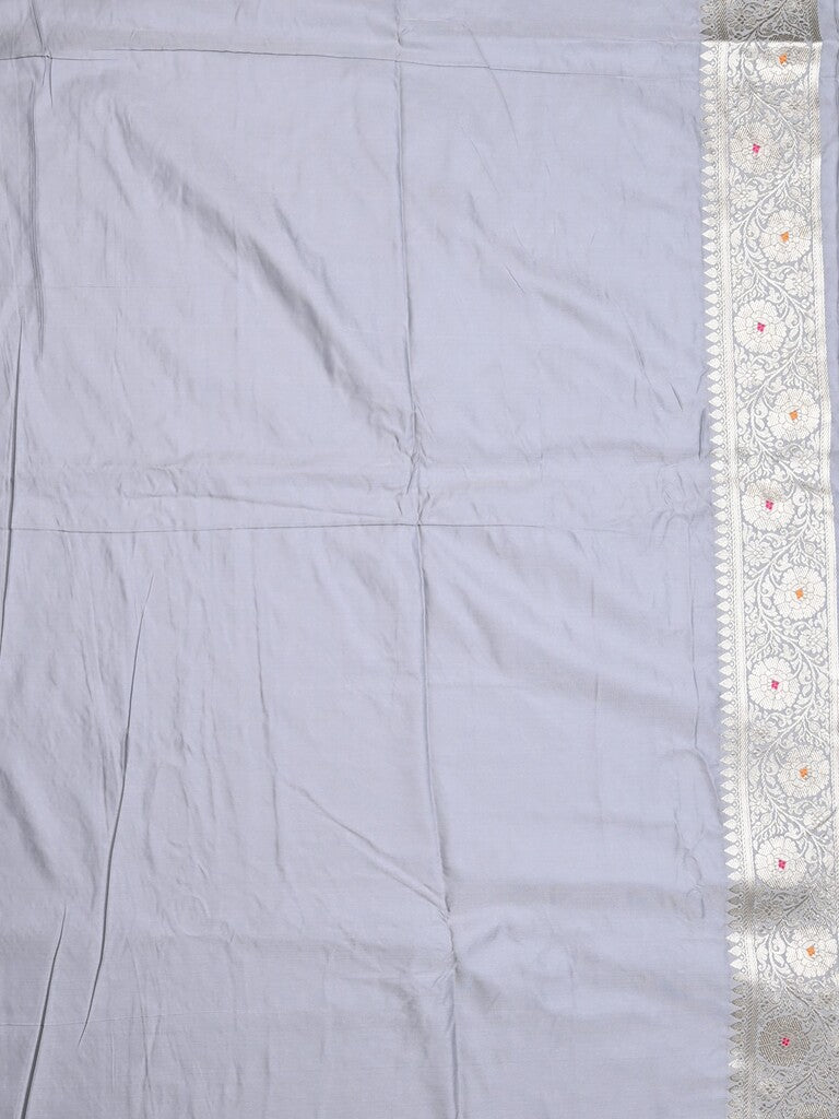 Banaras pattu saree grey color allover zari motifs & zari border with rich pallu and attached plain blouse