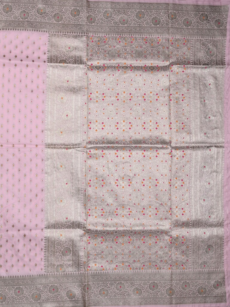 Banaras pattu saree baby pink color allover zari motifs & zari border with rich pallu and attached plain blouse
