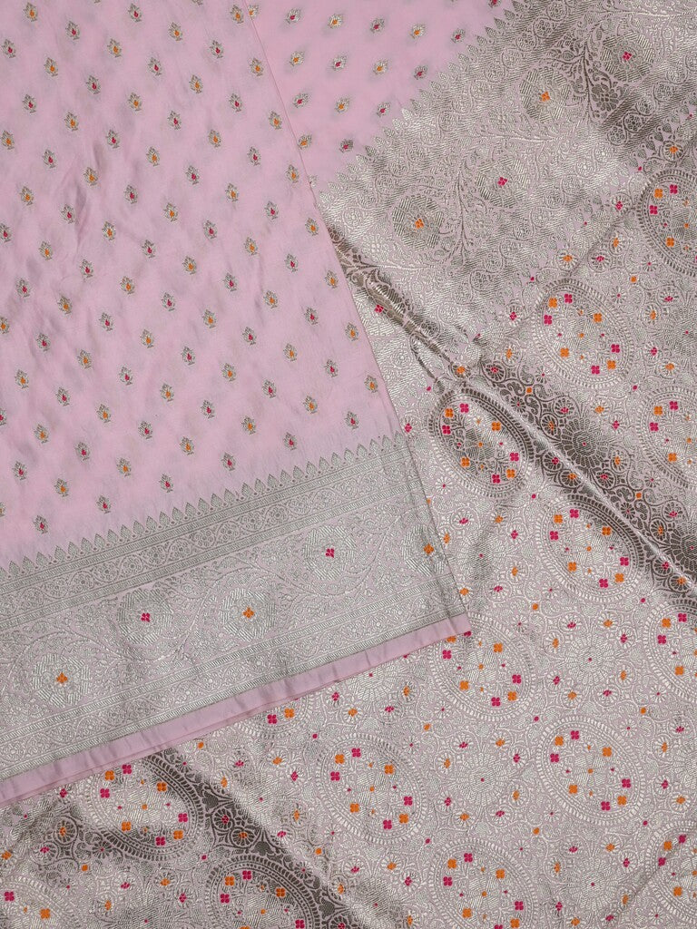 Banaras pattu saree baby pink color allover zari motifs & zari border with rich pallu and attached plain blouse