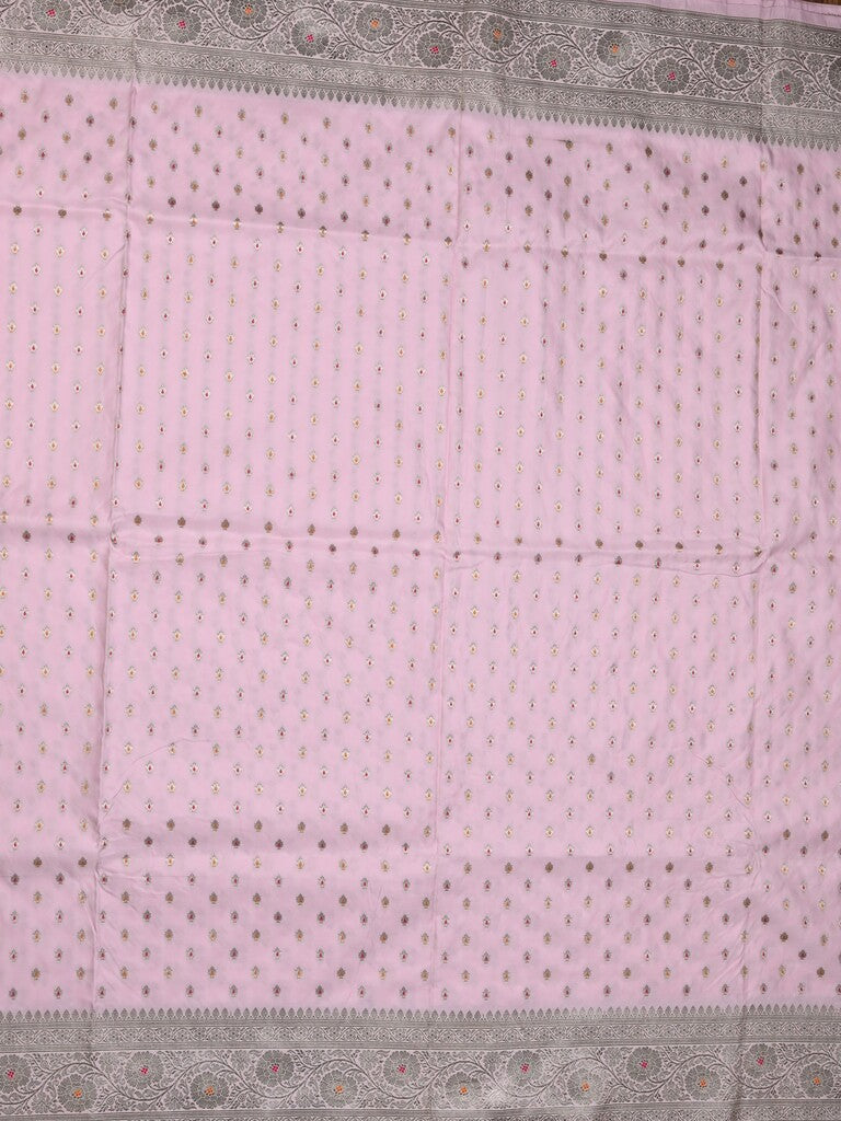 Banaras pattu saree baby pink color allover zari motifs & zari border with rich pallu and attached plain blouse