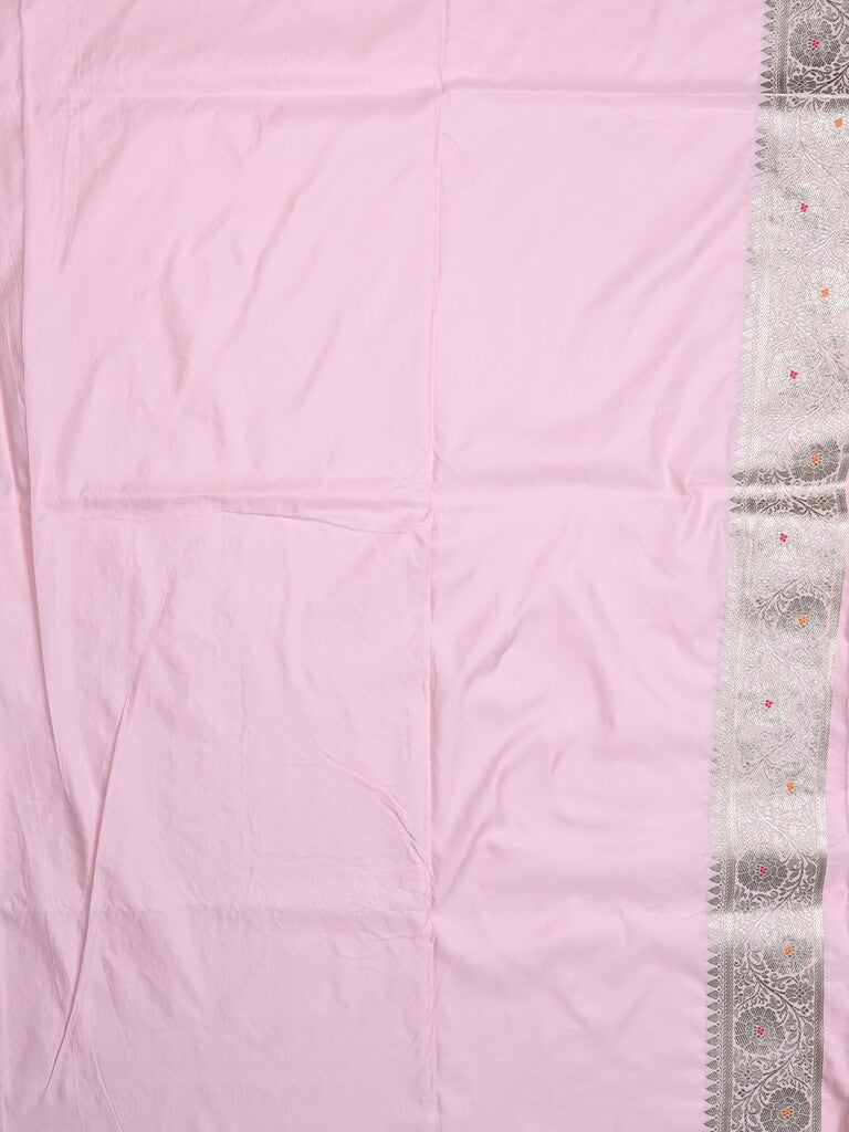 Banaras pattu saree baby pink color allover zari motifs & zari border with rich pallu and attached plain blouse