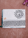 Mul cotton saree white color allover prints & printed border with printed pallu and plain contrast blouse