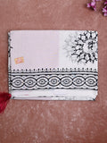Mul cotton saree white color allover prints & printed border with printed pallu and plain contrast blouse