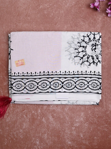 Mul cotton saree white color allover prints & printed border with printed pallu and plain contrast blouse