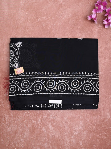 Mul cotton saree black color allover prints & printed border with printed pallu and plain contrast blouse