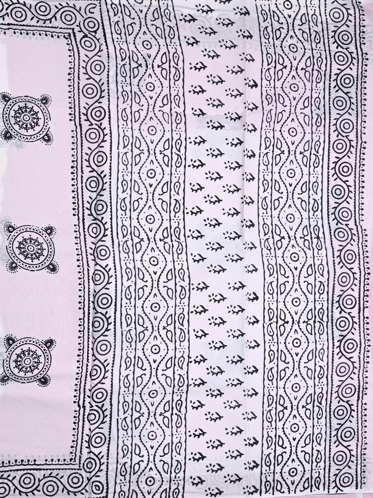 Mul cotton saree white color allover prints & printed border with printed pallu and plain contrast blouse