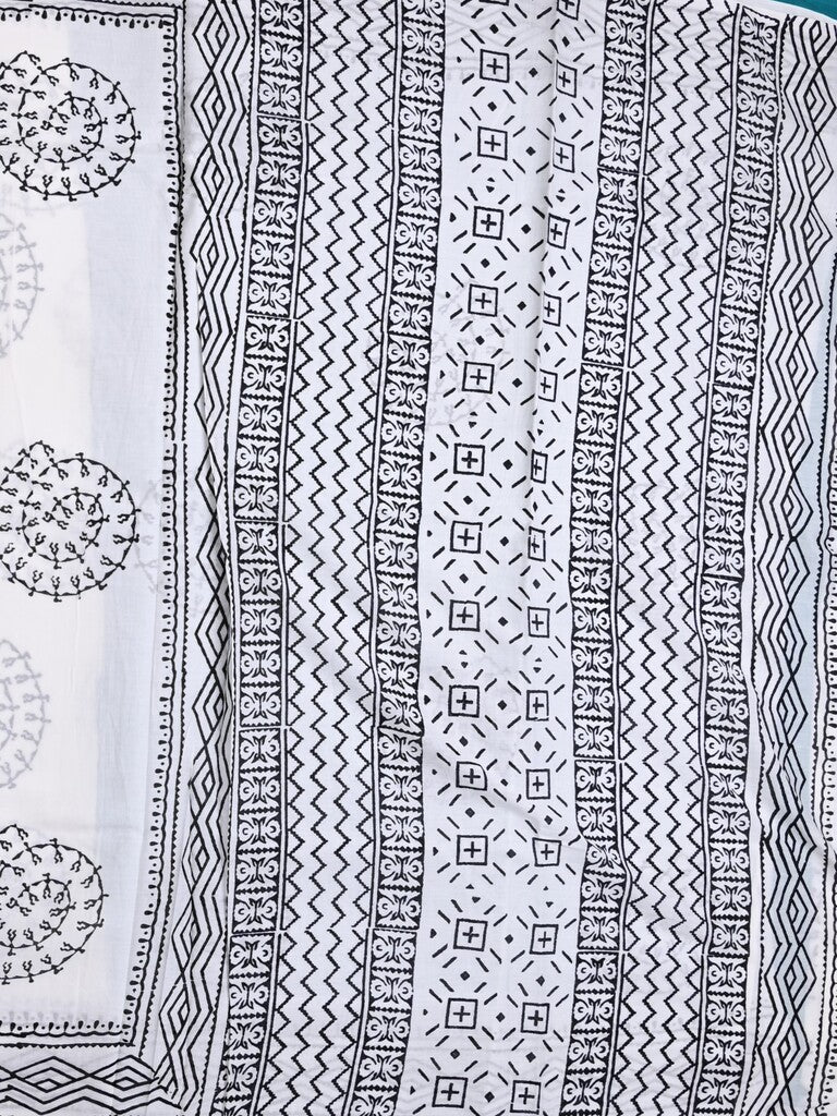 Mul cotton saree white color allover prints & printed border with printed pallu and plain contrast blouse
