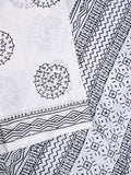 Mul cotton saree white color allover prints & printed border with printed pallu and plain contrast blouse