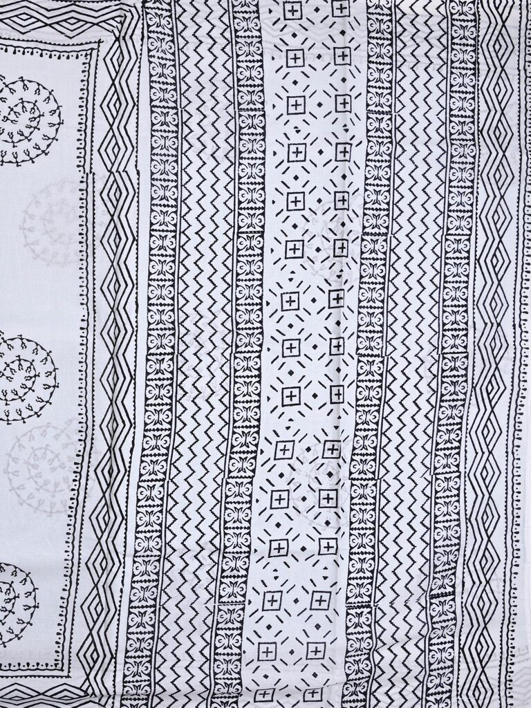 Mul cotton saree white color allover prints & printed border with printed pallu and plain contrast blouse