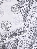 Mul cotton saree white color allover prints & printed border with printed pallu and plain contrast blouse