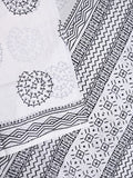 Mul cotton saree white color allover prints & printed border with printed pallu and plain contrast blouse