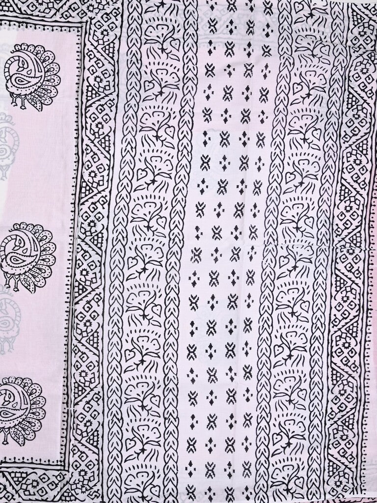 Mul cotton saree white color allover prints & printed border with printed pallu and plain contrast blouse