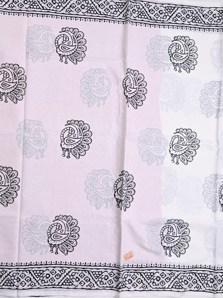 Mul cotton saree white color allover prints & printed border with printed pallu and plain contrast blouse