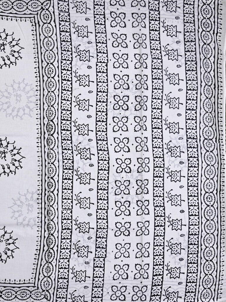 Mul cotton saree white color allover prints & printed border with printed pallu and plain contrast blouse