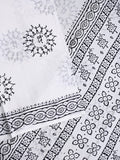 Mul cotton saree white color allover prints & printed border with printed pallu and plain contrast blouse