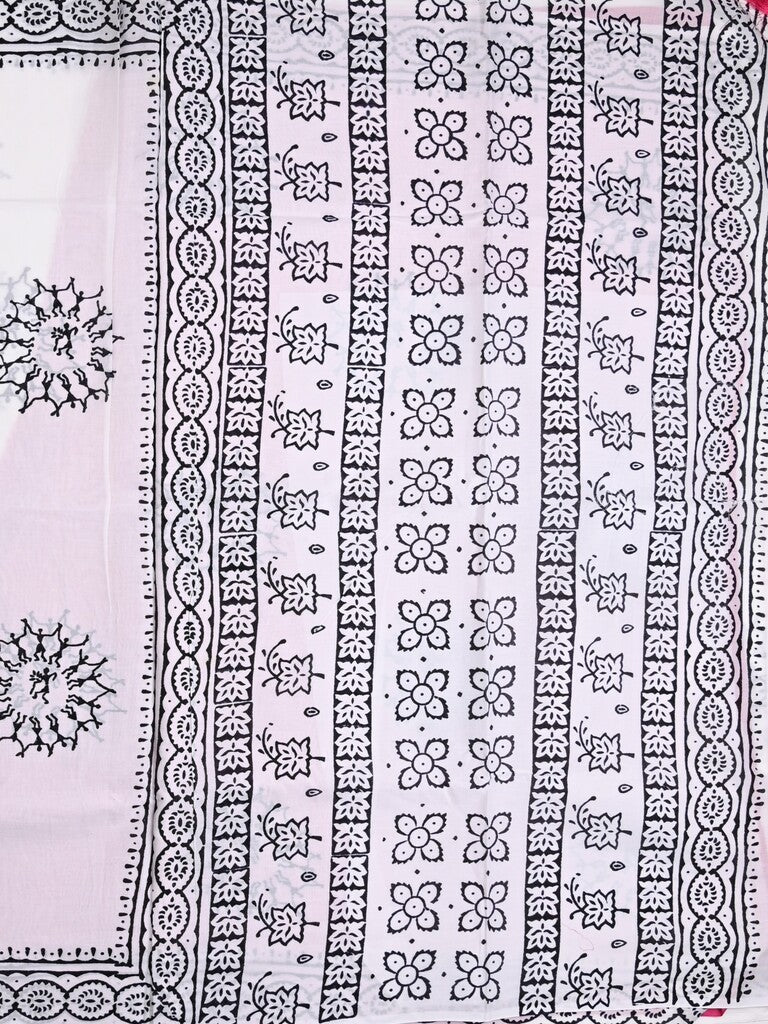 Mul cotton saree white color allover prints & printed border with printed pallu and plain contrast blouse