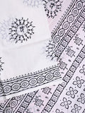 Mul cotton saree white color allover prints & printed border with printed pallu and plain contrast blouse