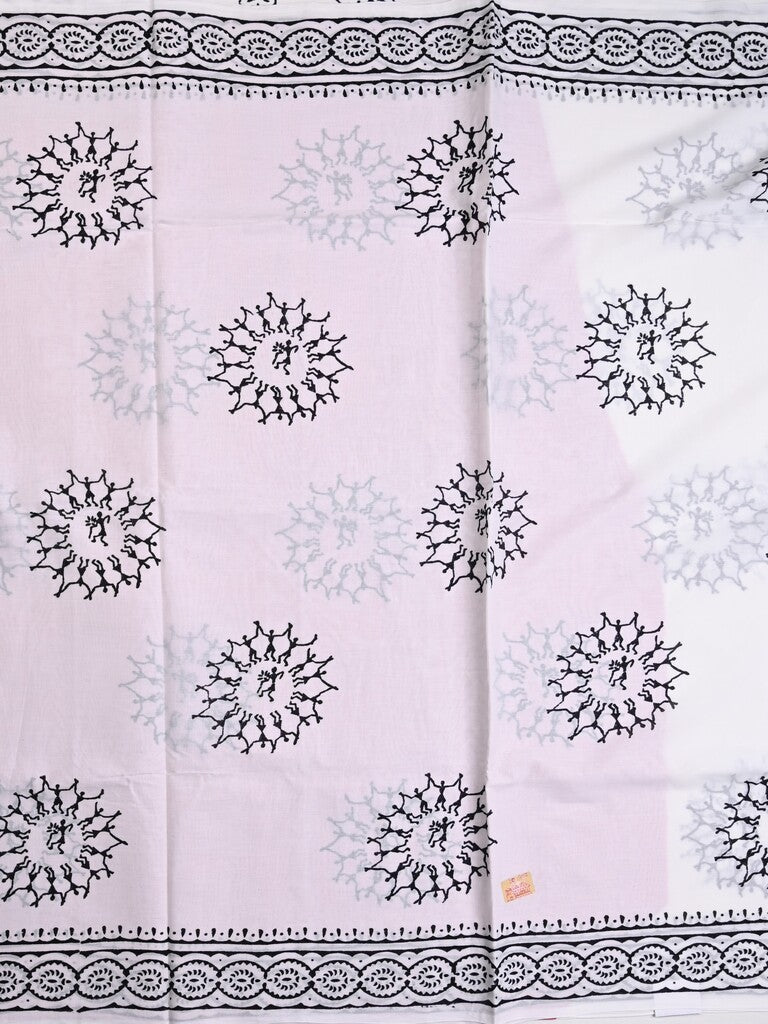 Mul cotton saree white color allover prints & printed border with printed pallu and plain contrast blouse