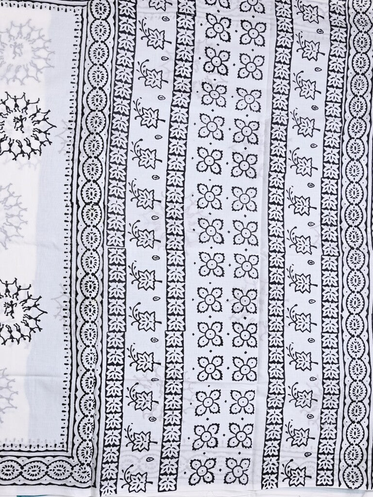 Mul cotton saree white color allover prints & printed border with printed pallu and plain contrast blouse