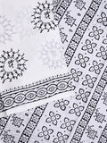 Mul cotton saree white color allover prints & printed border with printed pallu and plain contrast blouse