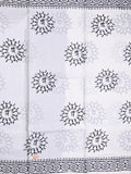 Mul cotton saree white color allover prints & printed border with printed pallu and plain contrast blouse