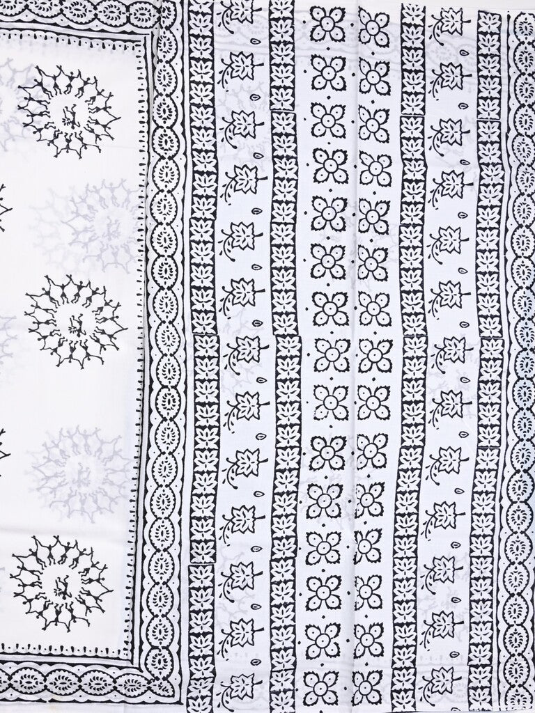 Mul cotton saree white color allover prints & printed border with printed pallu and plain contrast blouse