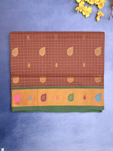Venkatagiri cotton saree brown color allover motifs & small zari border with zari stripes pallu