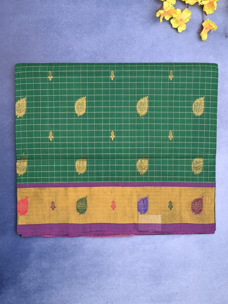 Venkatagiri cotton saree bottle green color allover motifs & small zari border with zari stripes pallu