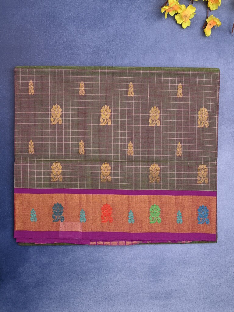 Venkatagiri cotton saree light purple color allover motifs & small zari border with zari stripes pallu